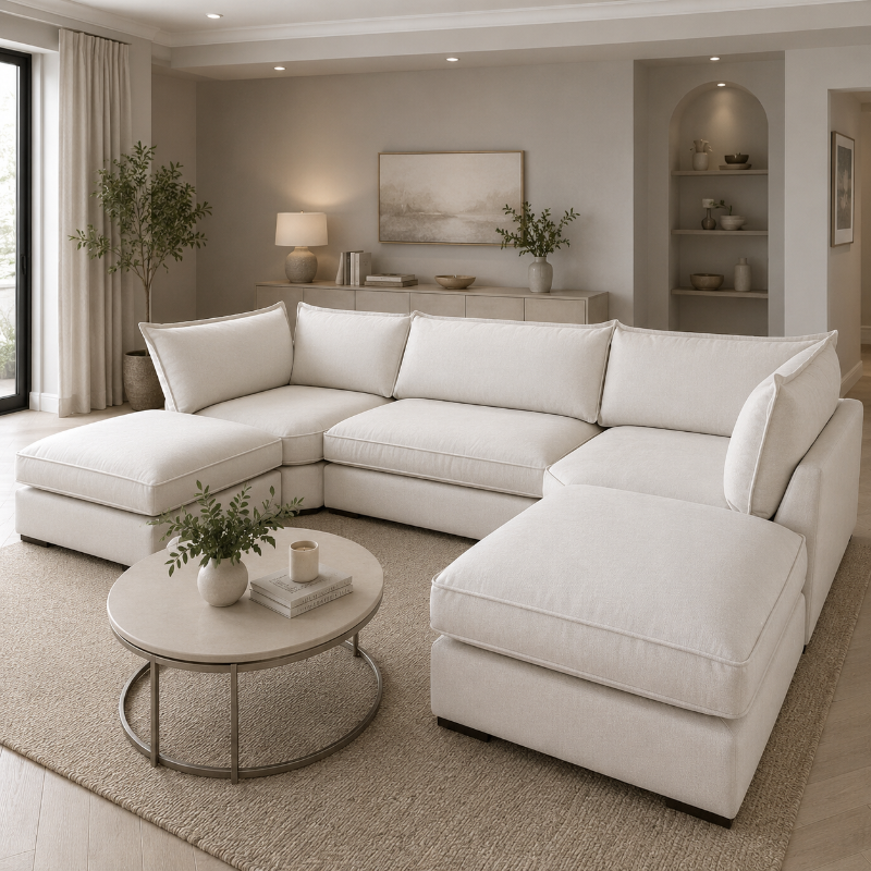 Bishop Cream Plush Velvt Sectional Sofa – Modern U-Shape Living Room Comfort Set