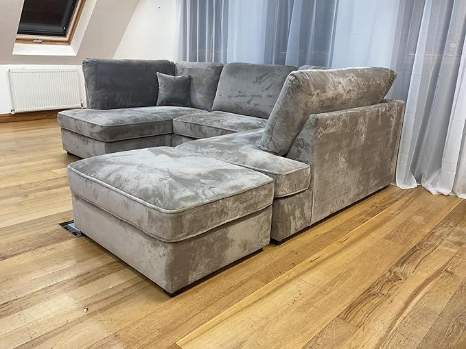 Large U Shape Cinema Sofa - Plush Velvet U Shape Grey Sofa with Foot Rest / Sofa Bed