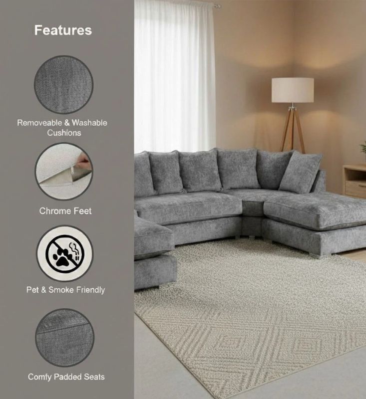 Large U-Shape Corner Sofa in Alaska Fabric luxury Couch with Moveable Footstool
