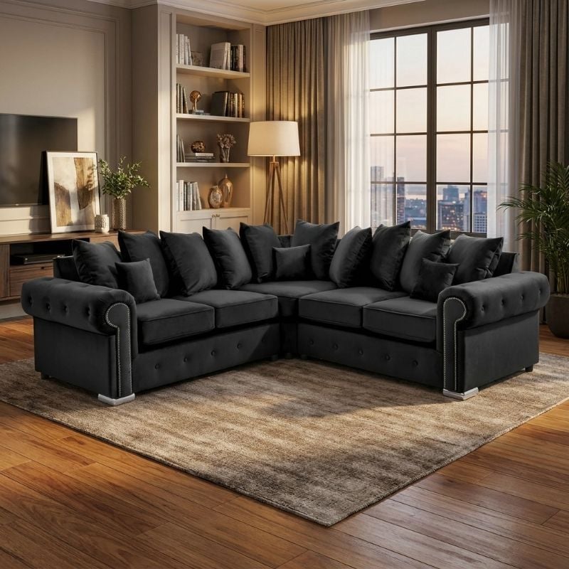 Black l-Shape Sectional Corner Sofa Scatter Back Chesterfield Couch