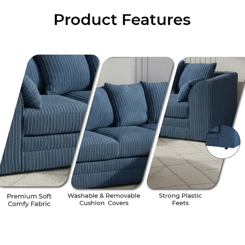 Mid Night Modern Blue Couch Jumbo Cord Soft Fabric 4 Seater Sofa Suite Right/Left Hand Facing