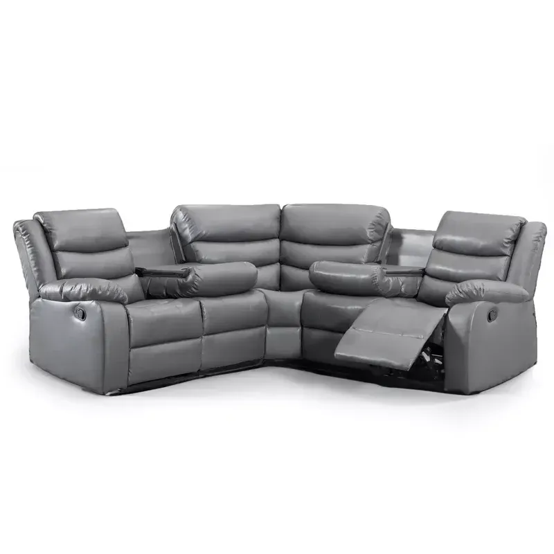 Grey Roma Leather Recliner Corner Sofa With Cup Holders