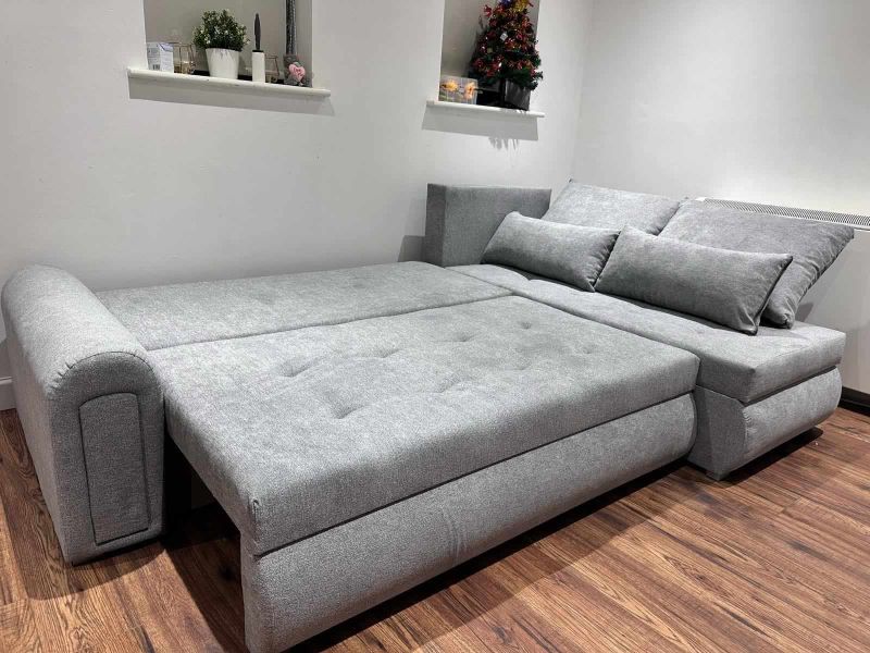 Grey Corner Couch Tufted Buttons Berlin Sofa Bed || Pulled Out Beds