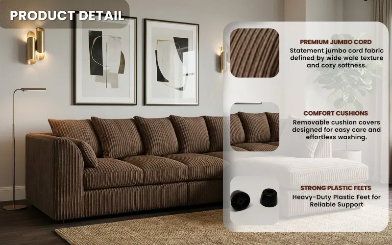 Soft Jumbo cord 5 Seated L/R L shape Corner Sofa Suite Set Brown