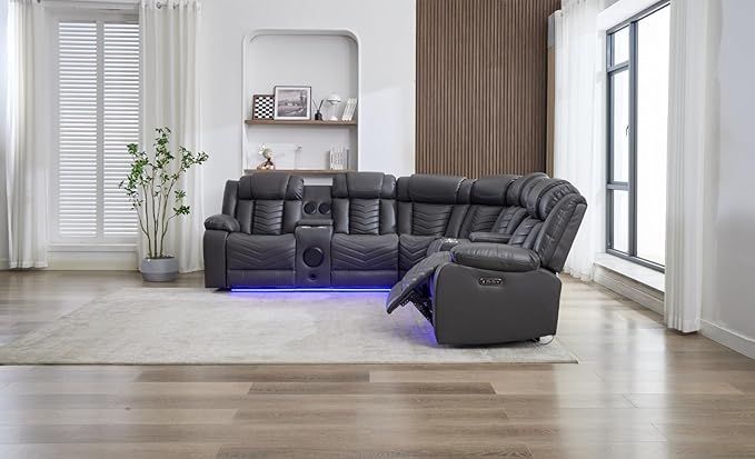 Premium Leather 5-Seater Electric Recliner Corner Sofa Featuring Bluetooth Speakers, LED Lighting, USB Charging, Cup Holders & Storage Compartments