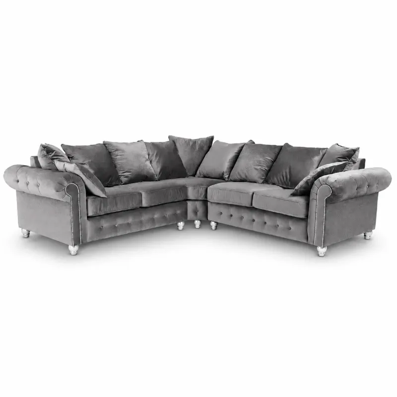 Grey Plush Velvet Nicole Chesterfield 2C2 Sofa Suite Scatter Back Tufted Arm