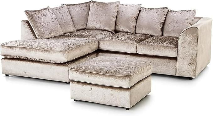 Mink Crushed Velvet Corner Sofa with Footstool  Memory Foam Cushions – Modern Sectional Sofa for Living