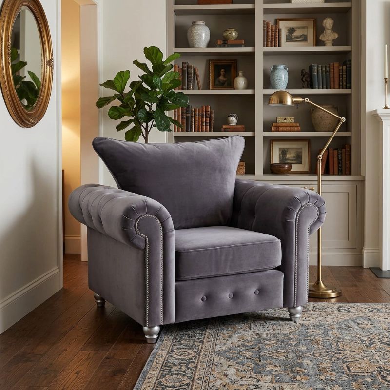 Ashwin High Back Chesterfield Chair – Luxury Grey Velvet Accent Chair