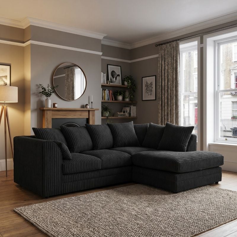 Black Sectional 2piece Couch Right/Left Hand Corner Sofa Jumbo Cord