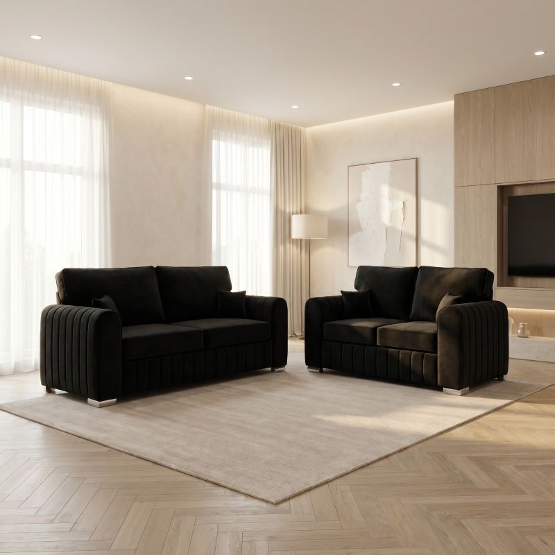 Lilly Sofa Set – 3+2 Seater | Luxury Plush Fabric | High Back Design | Black