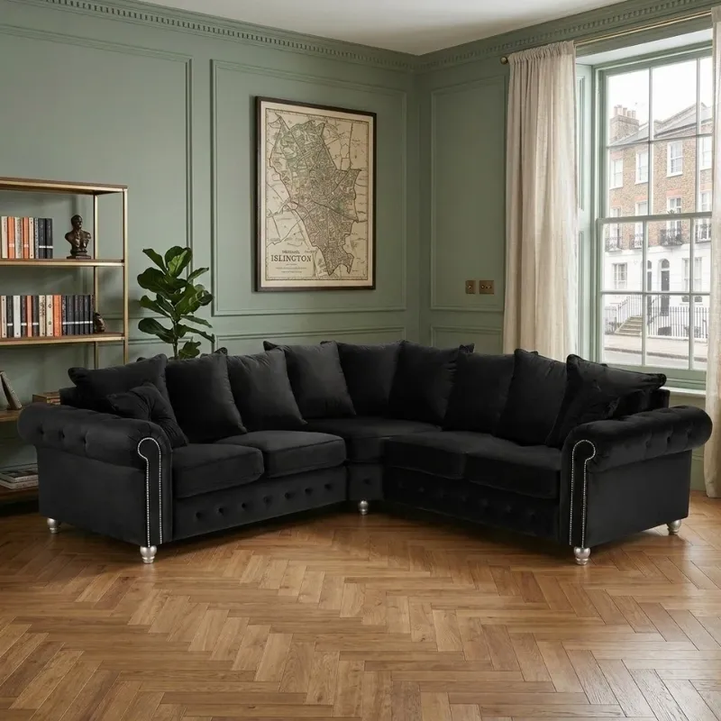 Black 2C2 Nicole Chesterfield Corner Couch Plush Velvet Comfy 3/2 Settee Sofa Footrest