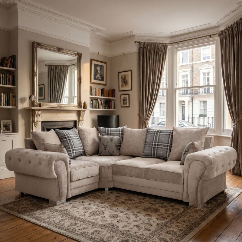 Chesterfield Verona Grey Velour Fabric Corner Sofa Suite Seater Scatter Back Left/Right Hand Facing