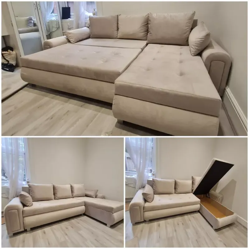 Berlin Large Corner Sofa l-Shape Beige  Pulled Out Bed wih Storage