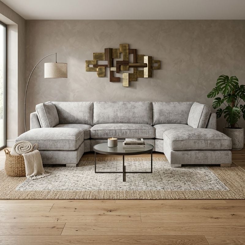 Light Grey Modular Sofa Large Bishop U-Shape Couch With Moveable TWO footstool