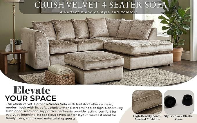 Mink Crushed Velvet Corner Sofa with Footstool  Memory Foam Cushions – Modern Sectional Sofa for Living