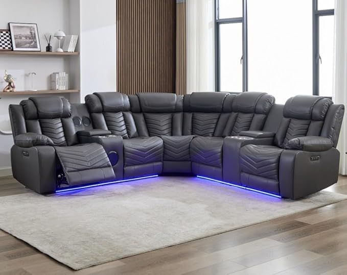 Premium Leather 5-Seater Electric Recliner Corner Sofa Featuring Bluetooth Speakers, LED Lighting, USB Charging, Cup Holders & Storage Compartments