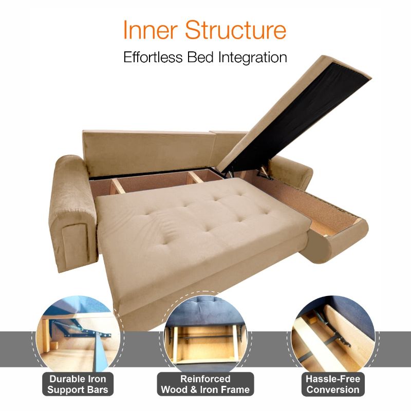 Berlin Large Corner Sofa l-Shape Beige  Pulled Out Bed wih Storage