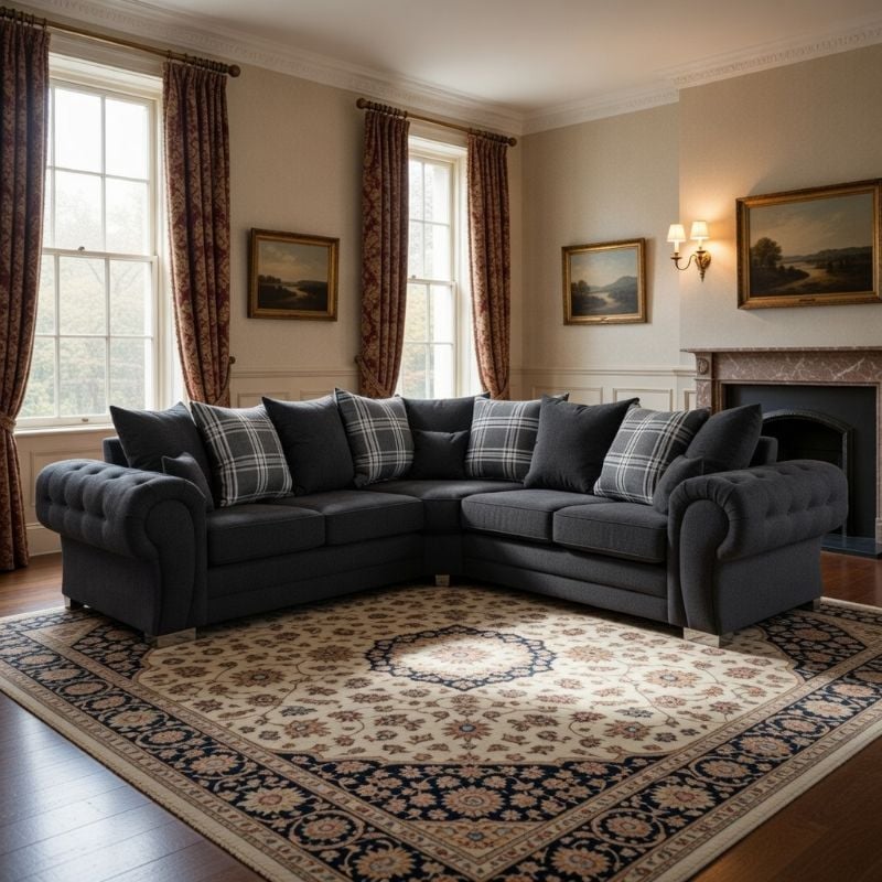 Corner Sofa | 5 Seater Sectional Couch | 2C2 Black Scatter Back Settee | Chesterfield Style Verona Sofa | Large L-Shaped Living Room