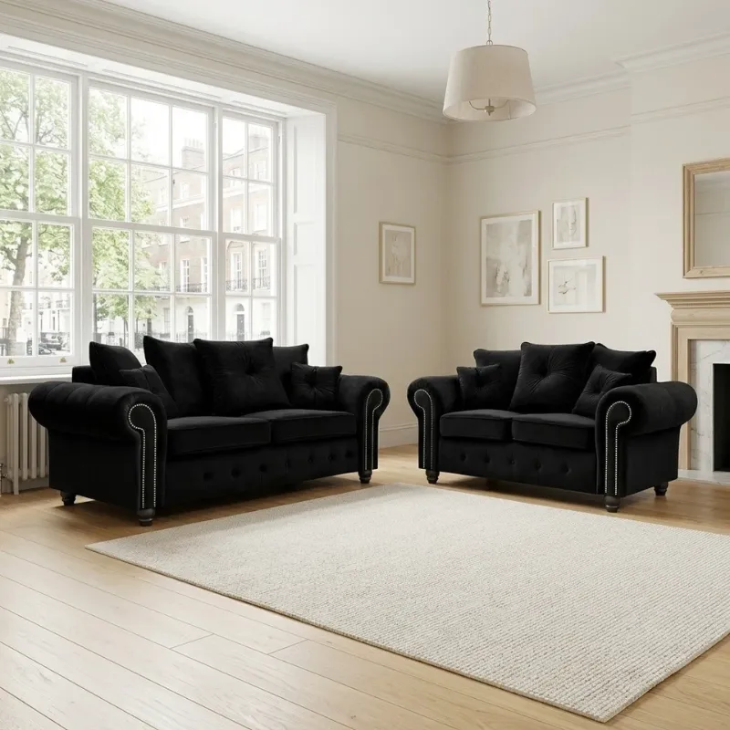 Nicole Chesterfield Black Corner Couch Plush Velvet Comfy 3/2 Settee Sofa