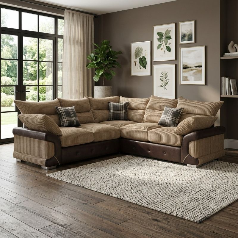 Modern Logan Corner Sofa 5 Seater – Premium Leather & Jumbo Cord | High Back Curved Arm Stylish L-Shape Sofa for Home