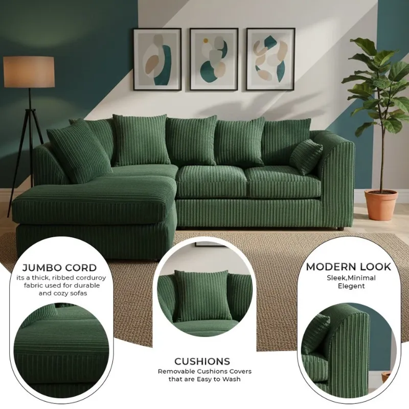 Jumbo Cord Modern l-Shape 4 Seater Sofa Suite Left & Right Hand Corner Couch
