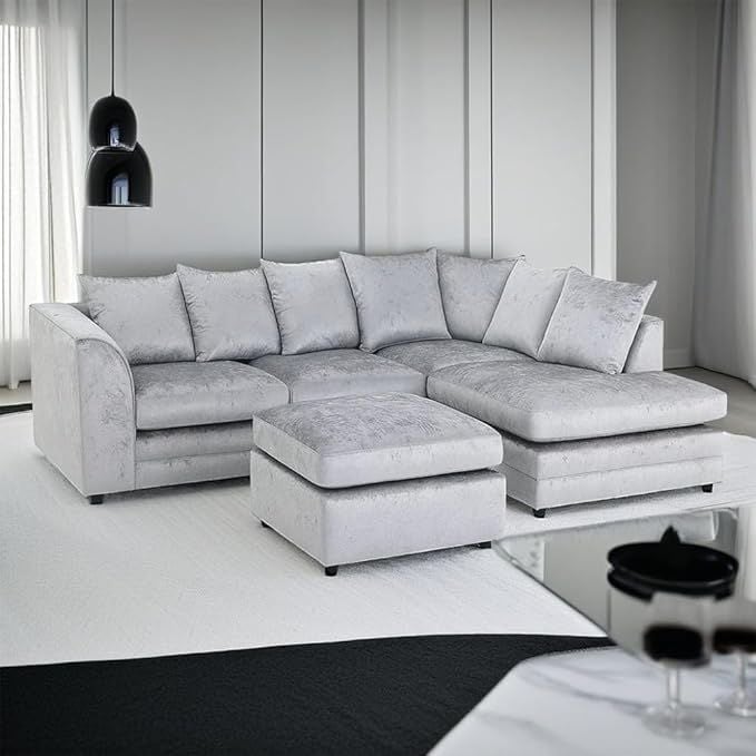 Modern L Shape Corner Sofa – Soft Crush Velvet 4 Seater with Footstool