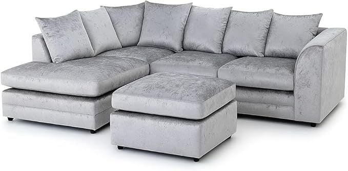 Modern L Shape Corner Sofa – Soft Crush Velvet 4 Seater with Footstool