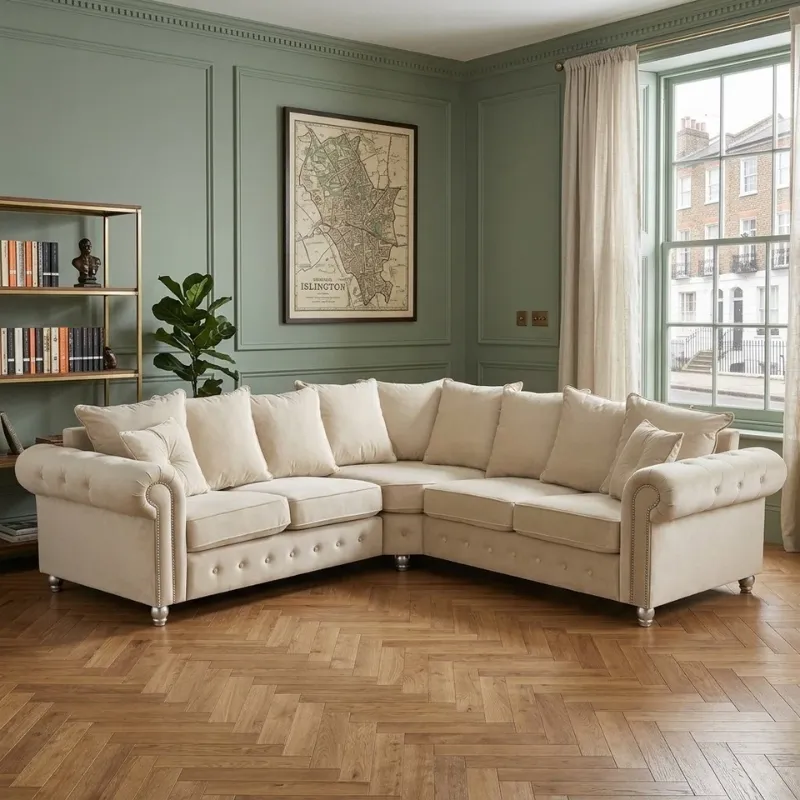 Cream Ashwin Corner 2C2 Sofa Suite Chesterfield 2 Seater 3 Seater Sofa Set Scatter Back