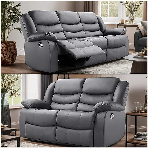 Roma light Grey Leather Recliner Sofa 3+2 Seater Set Couch With Cup Holders