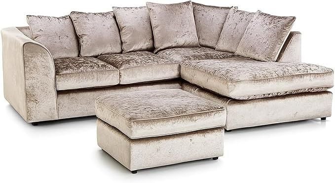 Mink Crushed Velvet Corner Sofa with Footstool  Memory Foam Cushions – Modern Sectional Sofa for Living