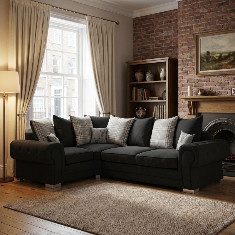 Black Verona L-Shaped Sofa – Chesterfield 4 Seater Modular Corner Couch with Soft Scatter Back Cushions