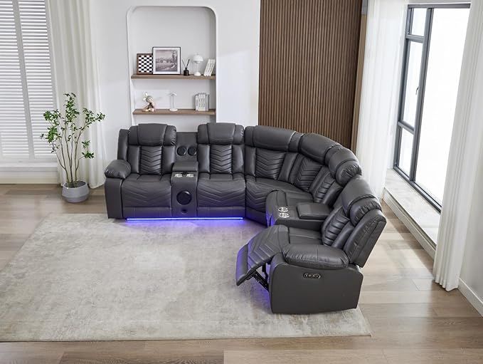 Premium Leather 5-Seater Electric Recliner Corner Sofa Featuring Bluetooth Speakers, LED Lighting, USB Charging, Cup Holders & Storage Compartments