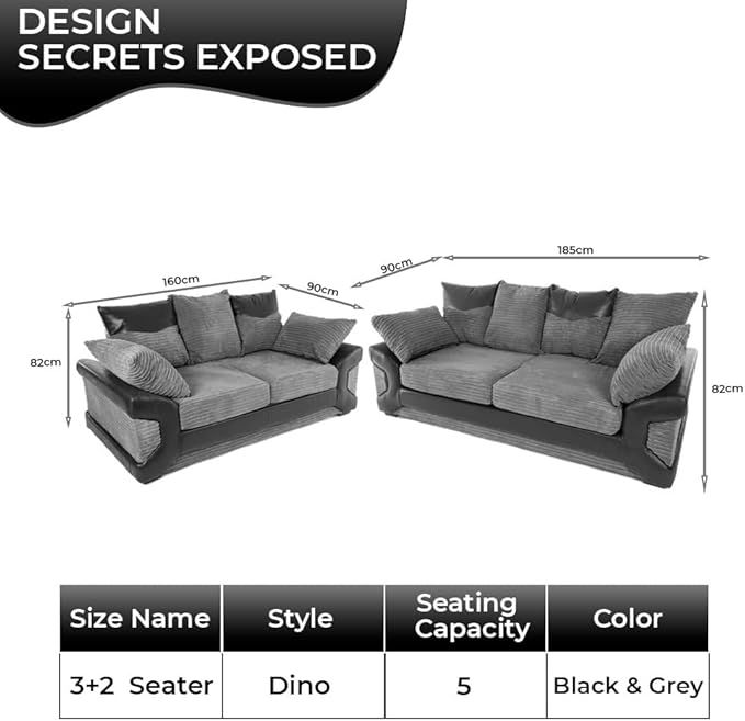Jumbo Cord Corner Sofa - Modern 3&2 Seater Suites Black & Grey Scatter Back Couches