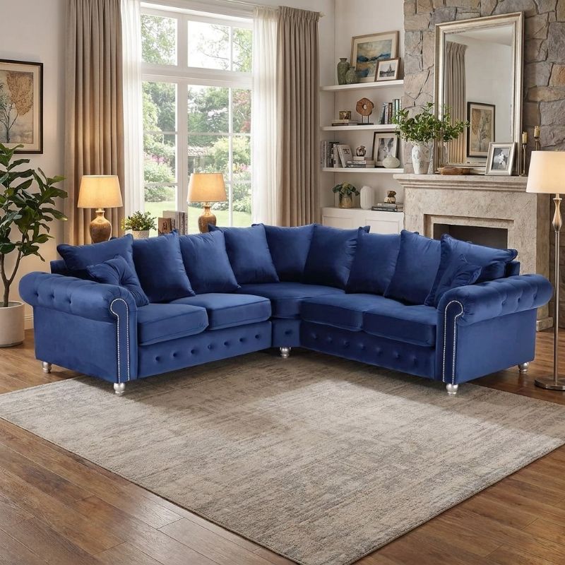 Ashwin Blue 2C2 Corner Sofa Sectional Couch l-Shape Sofa Suite