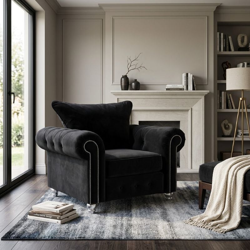 Elegant Ashwin High Back Chesterfield Armchair – Soft  Black Finish