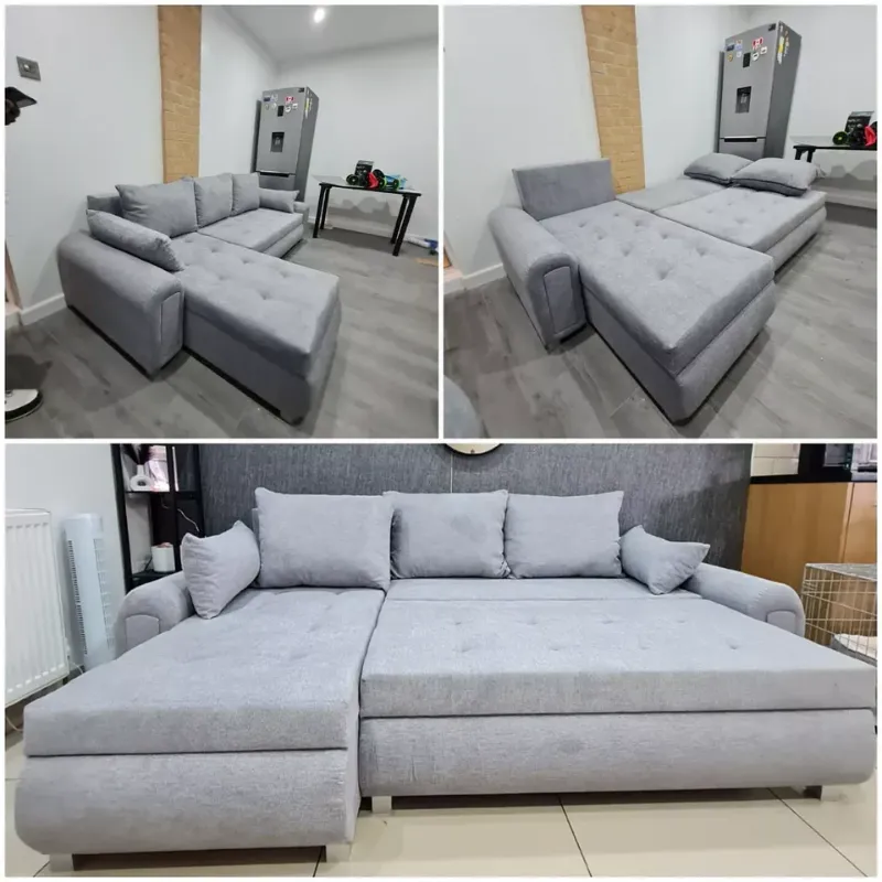 Grey Corner Couch Tufted Buttons Berlin Sofa Bed || Pulled Out Beds