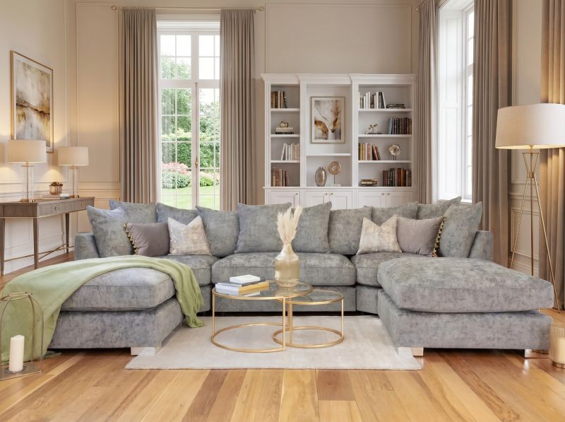 Modern Grey Alaska Large U Shape Corner Sofa with Moveable Footstool Family Couch