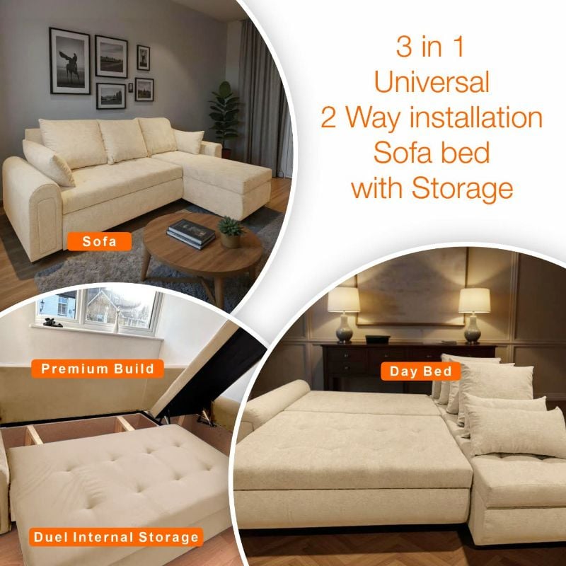Berlin Large Corner Sofa l-Shape Beige  Pulled Out Bed wih Storage