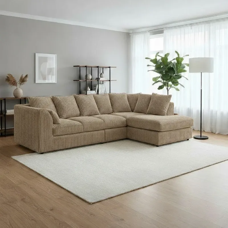 Beige Jumbo Cord 5 Seater Corner Sofa L Shape Couch