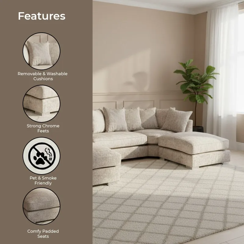 Luxury Modern Beige Alaska Large U Shape Corner Sofa with Moveable Footstool Sofa Set