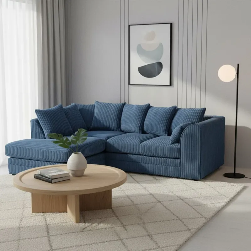 Mid Night Modern Blue Couch Jumbo Cord Soft Fabric 4 Seater Sofa Suite Right/Left Hand Facing