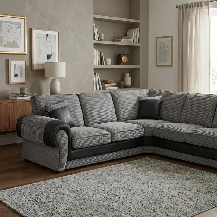 Tango Corner Sectional Couch Jumbo Cord 3 2 Seater Sofa Grey/Beige Arm Chair