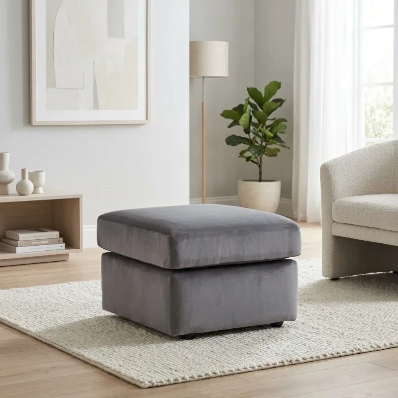 Grey Plush Velvet Footstool