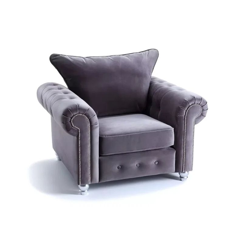Ashwin High Back Chesterfield Chair – Luxury Grey Velvet Accent Chair