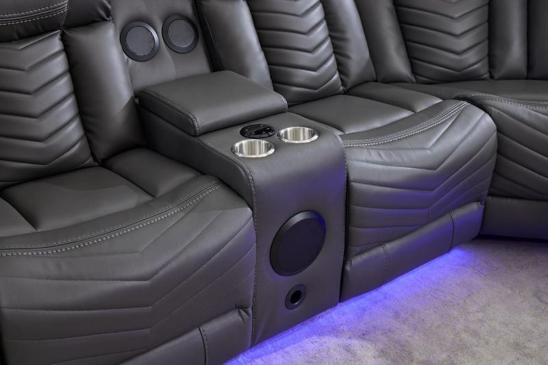 Premium Leather 5-Seater Electric Recliner Corner Sofa Featuring Bluetooth Speakers, LED Lighting, USB Charging, Cup Holders & Storage Compartments