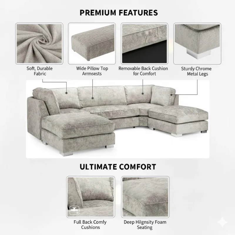 Modern Bishops Beige U-Shape Sofa Corner Couch , Sofa Bed with 2 Moveable Footstool