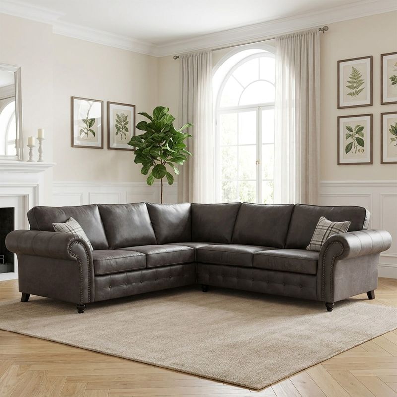 Oakland Black Faux Leather Chesterfield Corner Sofa - High Back Cushion Sofa for Living Rooms