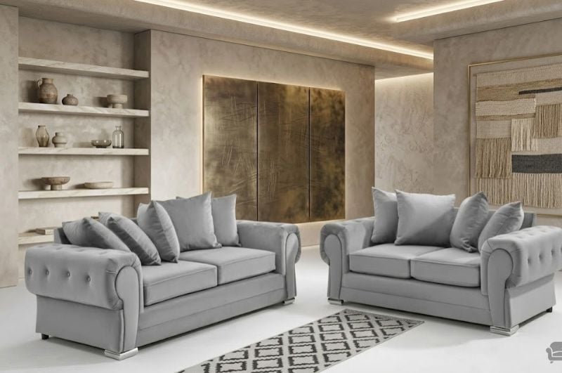 3+2 Seater Sofa Set Scatter Back Chesterfield Verona Couch Comfortable Scatter Back Couches, Grey Dual Arm