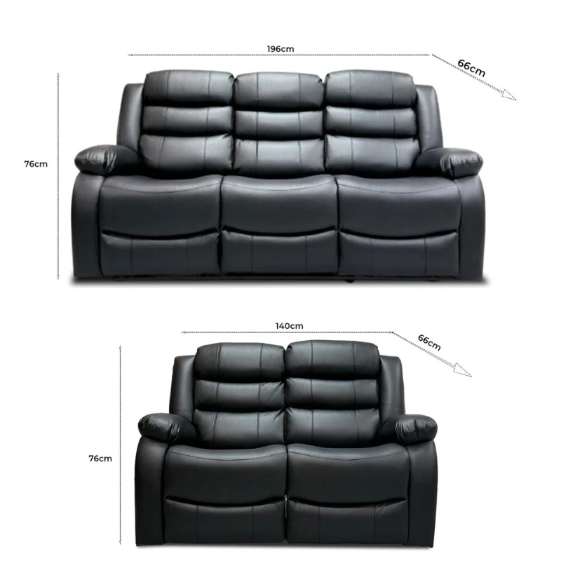 Roma Recliner Sofa Set 3+2 Seater Black Faux Leather Lounge Suite Couch Manual Recliner