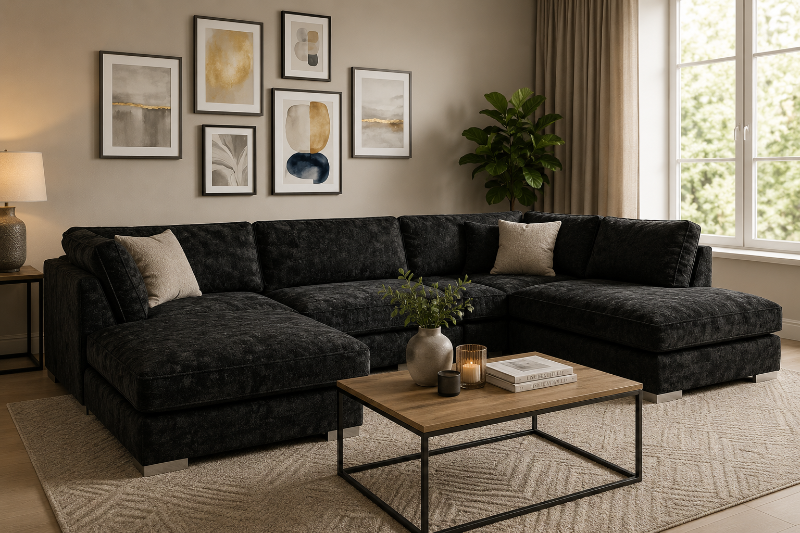 Chenille Black Bishop Large U-Shape Sofa